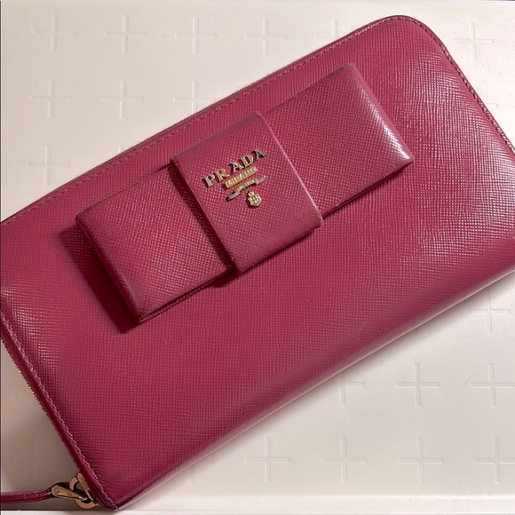 Prada Handbags - Prada Pink Bow Zip Around Wallet